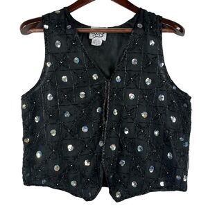 VTG Sweet Sue Womens M 100% Silk Black Beaded Silver Sequin Vest Black Glamour